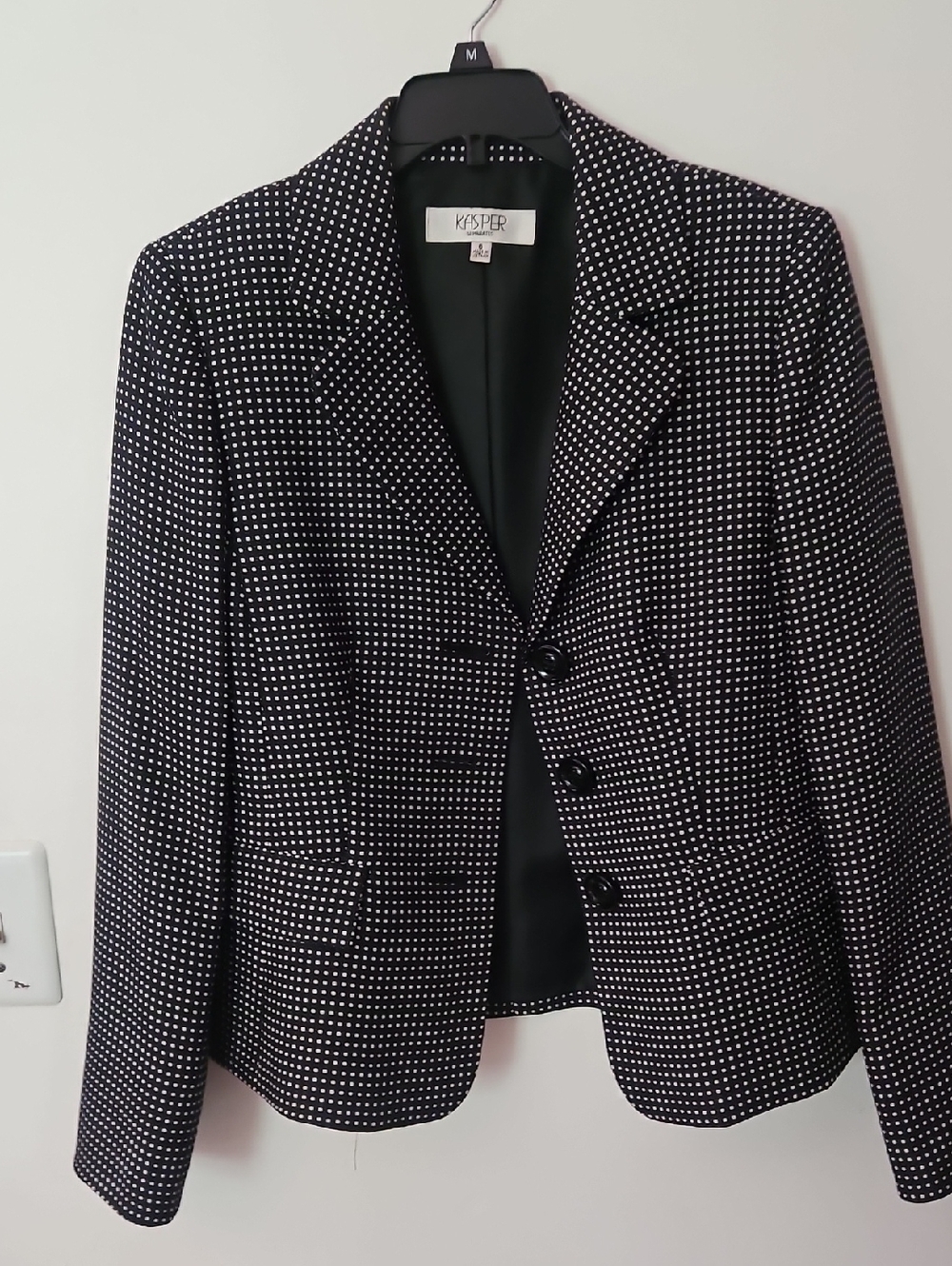 Kasper Black Blazer with White Micro-Dot Pattern